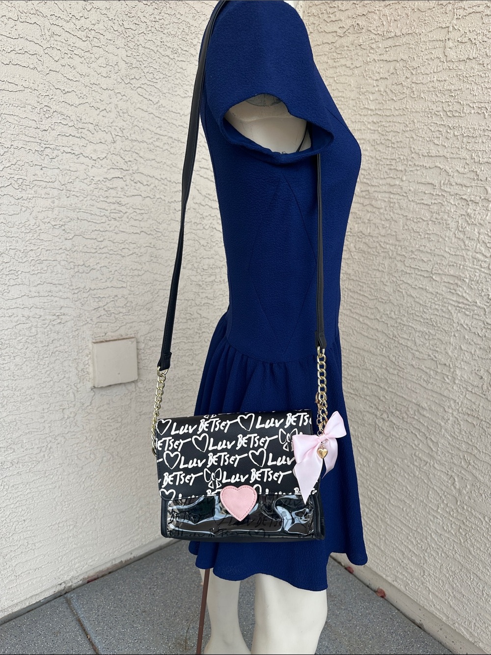 Betsey Johnson Black Crossbody Bag with Pink Heart & Bow Accents